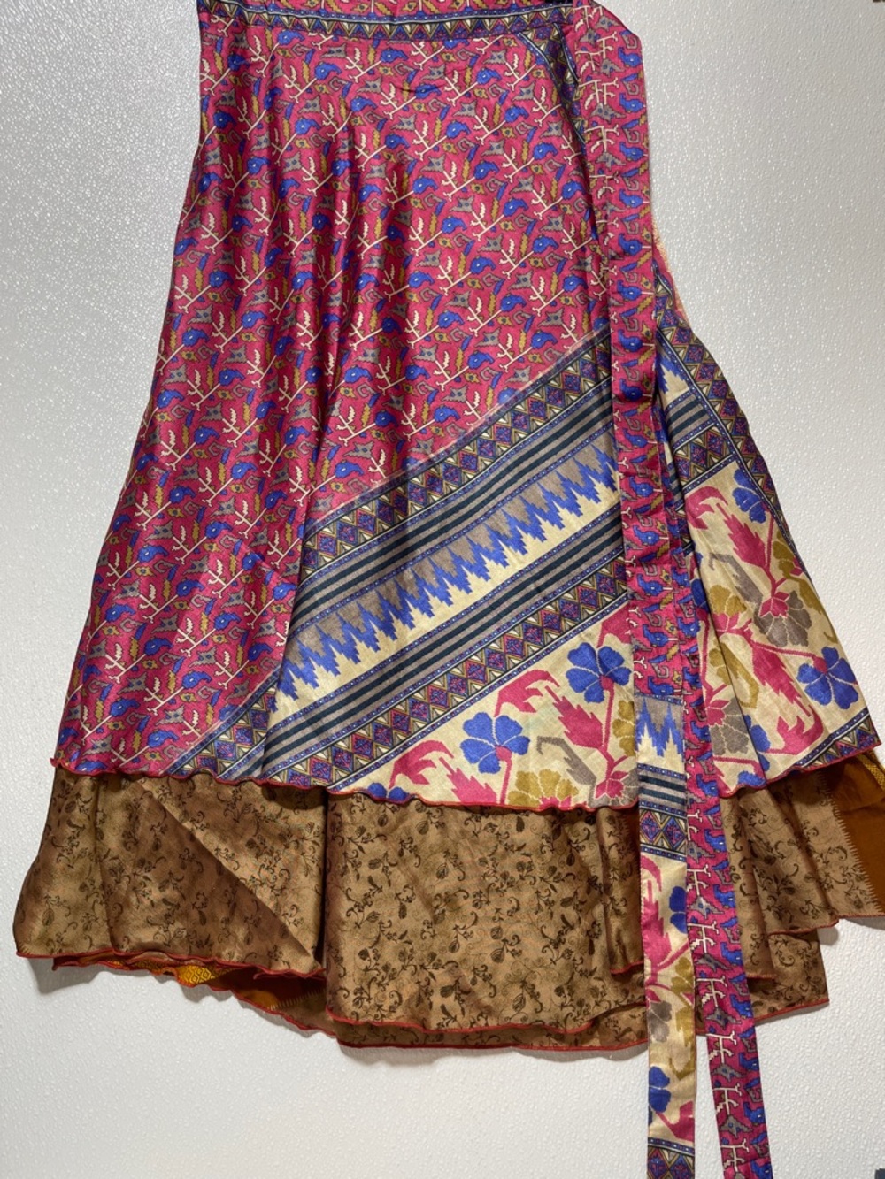 2/$60 SILK Pink and Blue Floral Wrap Maxi Skirt with Brown Underskirt